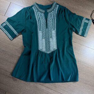 Green Moroccan-Style Boho Embroidered V Neck Half Sleeve Shirt Loose Women M